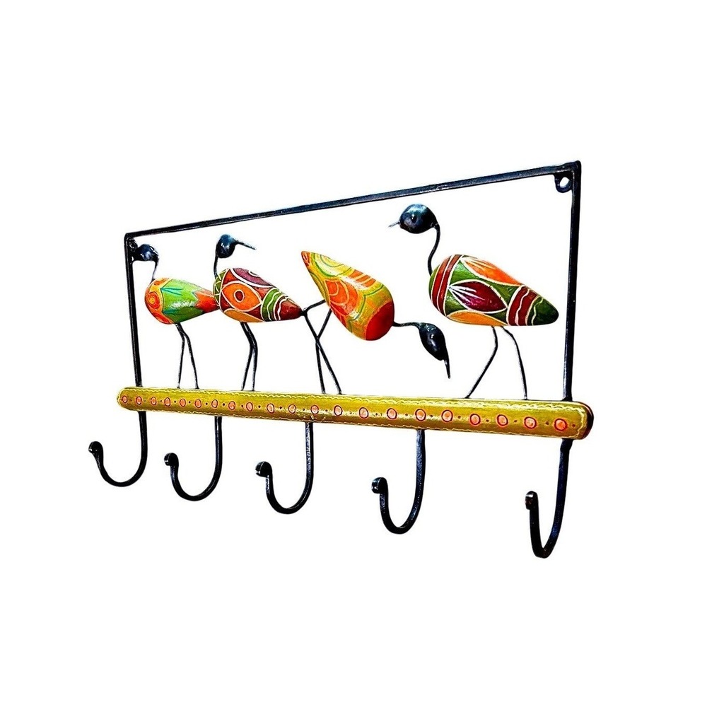 Vintage Hand-Painted Folk Art Wall Hook Rack Birds Wood Metal 6 Hooks 17Inch